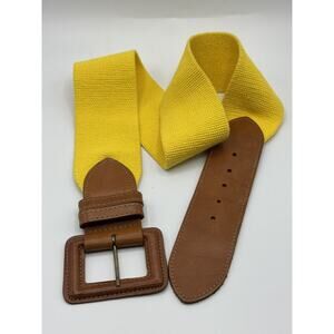 Talbots Waist Belt Wide Brown Leather Yellow Elastic Size L Large USA Spring